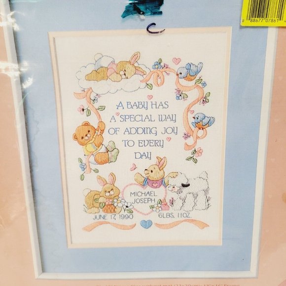 Vintage NIP 1989 From the Heart Special Joy Birth Record Cross Stitch Kit - Picture 2 of 7